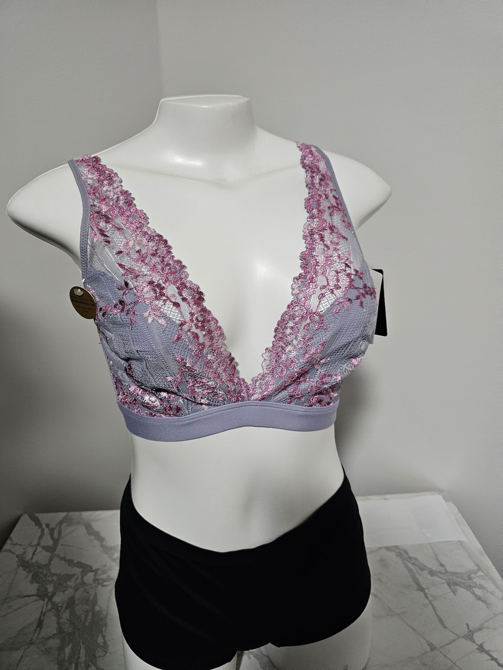 Wacoal Lavender Bralette with Pink Lace Embroidery